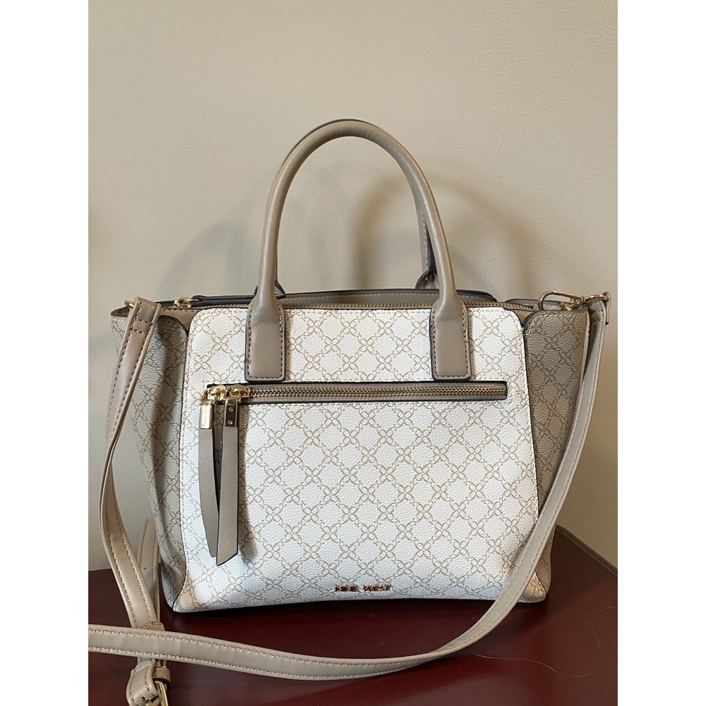 Nine West Large Logo Monogram Satchel Crossbody White Beige Bag Purse 13x9x5